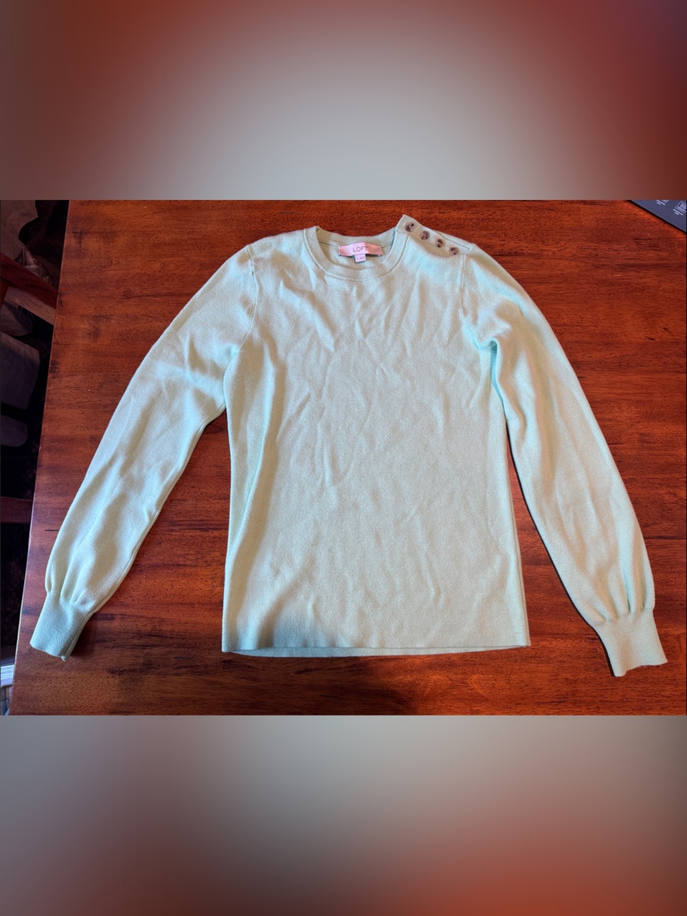 LOFT Mint Green Crewneck Sweater with Shoulder Buttons